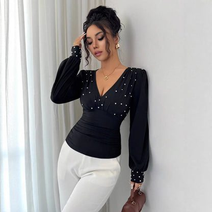 Black Pearl Studded V-Neck Long Sleeve Slim Fit Top Women