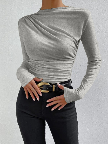 Women's Mock Neck Ruched Long Sleeve Fitted Top