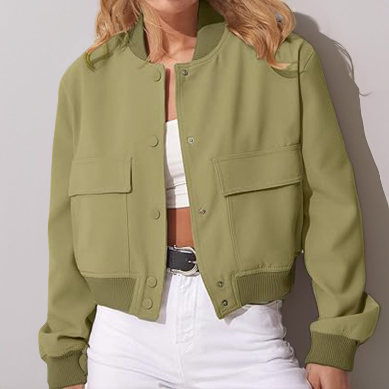 Women's Cropped Utility Jacket Stand Collar Button Front
