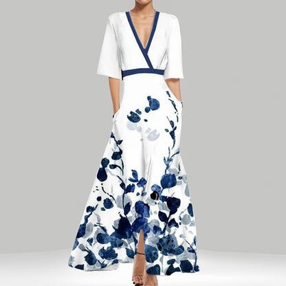 Floral V-Neck Maxi Dress Smocked Waist Half Sleeve