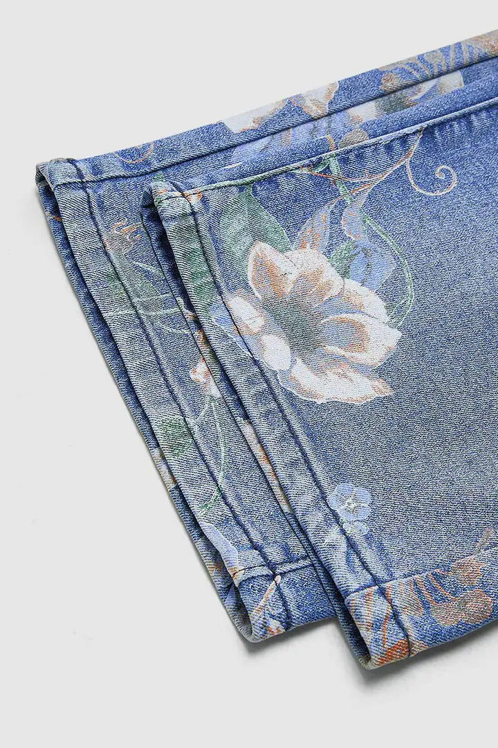 Floral Print High Waist Wide Leg Denim Jeans