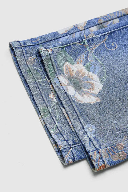 Floral Print High Waist Wide Leg Denim Jeans