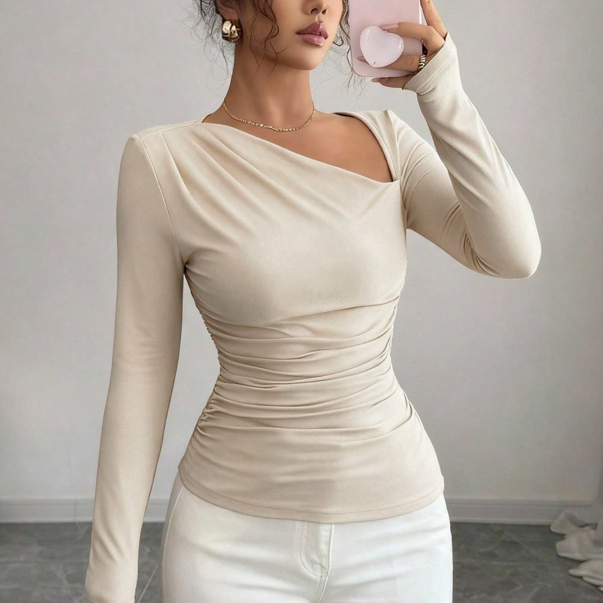 Women's Asymmetric Cut Out Ruched Long Sleeve Top