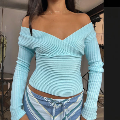 Women's Sexy Ribbed V Neck Long Sleeve Crop Top Slim Fit