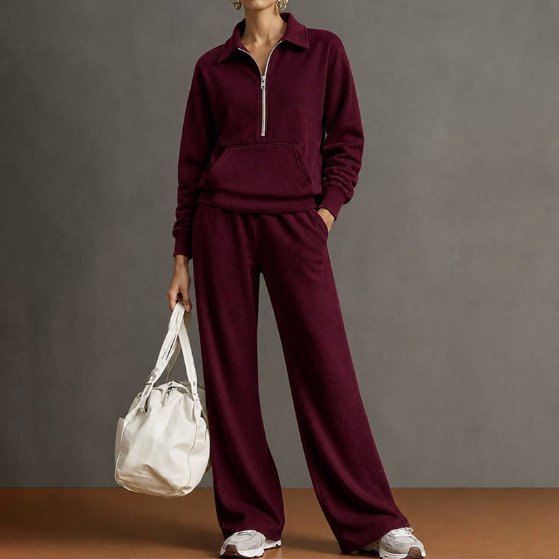 Women's Quarter Zip Sweatshirt Wide Leg Pants 2 Piece Set