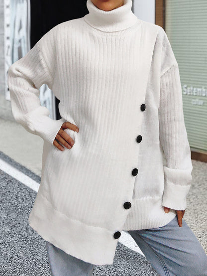 Women's Turtleneck Button-trimmed Irregular Medium and Long Sweater