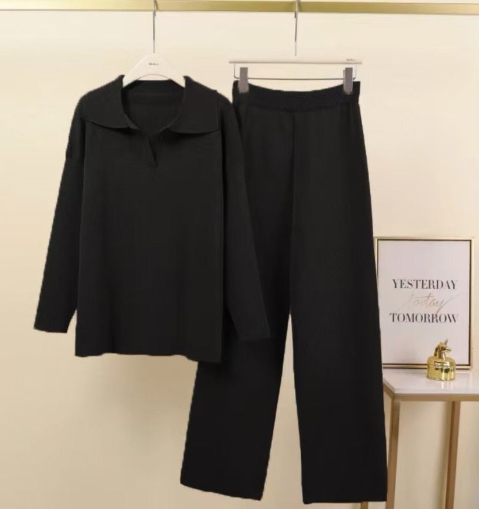 Women's Two Piece Knit Polo Sweater Wide Leg Pants Set