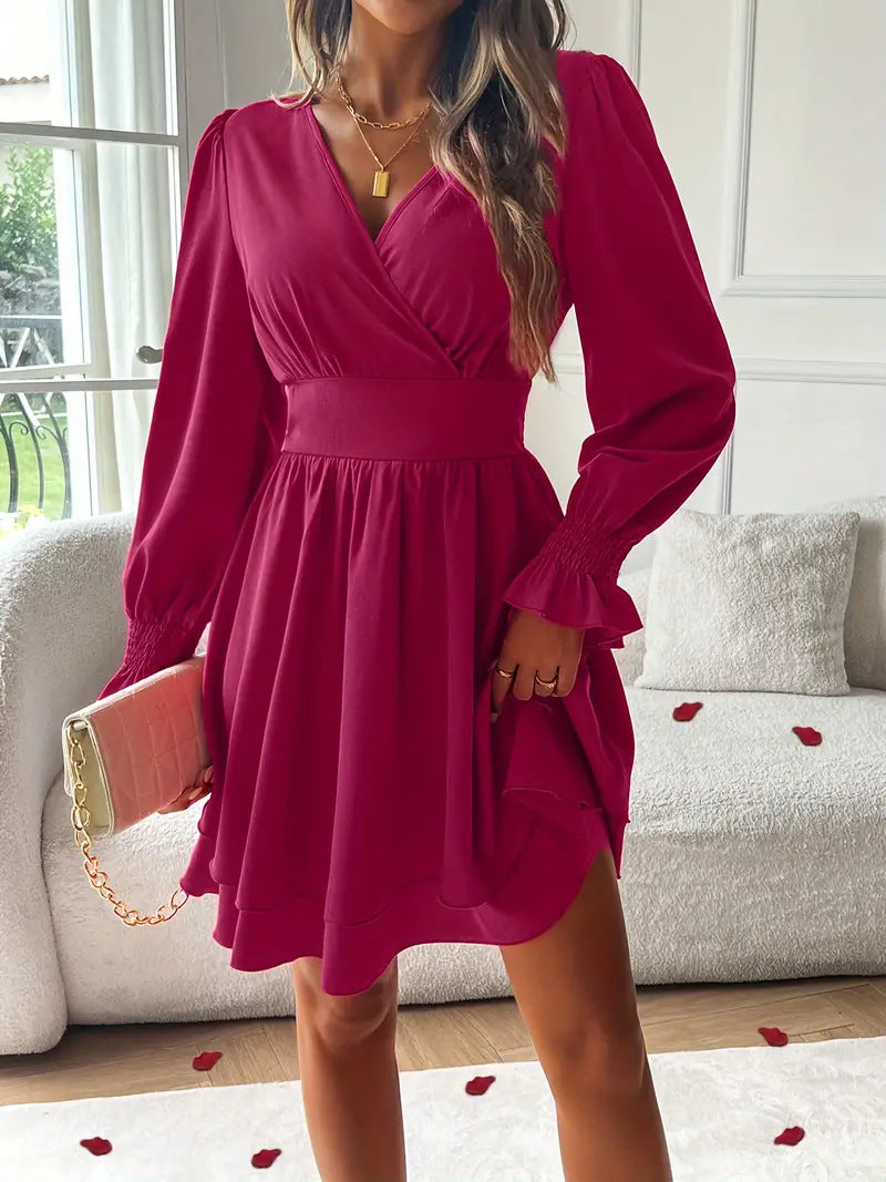Women's V Neck Long Sleeve Layered Ruffle Mini Dress