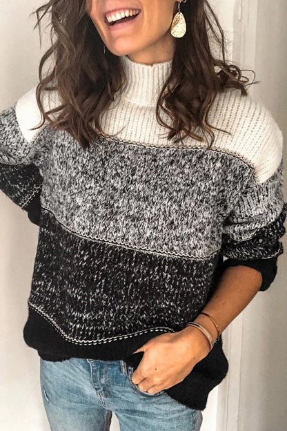 Oversized Color Block Turtleneck Knit Pullover Sweater