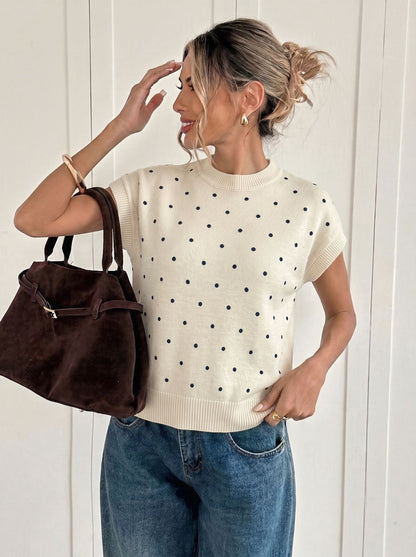 Women's Casual Polka Dot Crew Neck Short Sleeve Knit Top