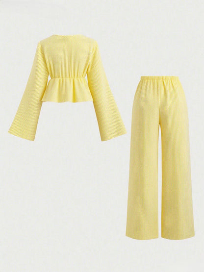 Striped Tie Front Top Wide Leg Pants Matching Set