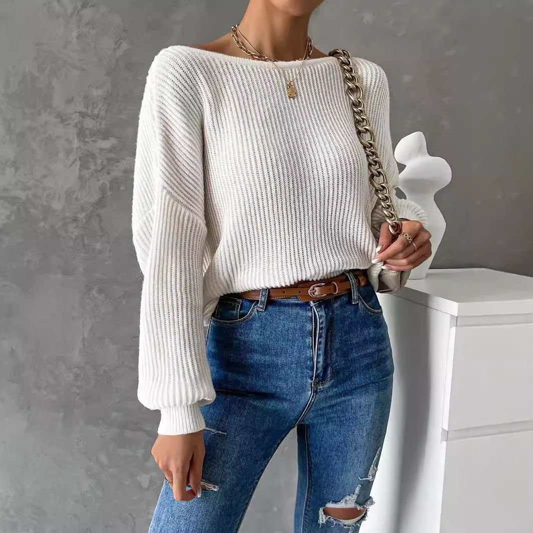 Women's One Shoulder V Neck Knit Sweater Long Sleeve