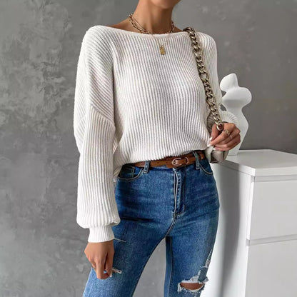 Women's One Shoulder V Neck Knit Sweater Long Sleeve