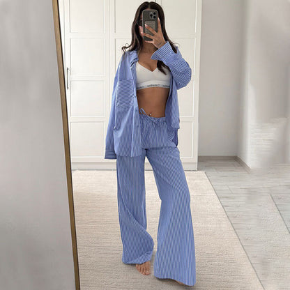 Women's Striped Oversized Shirt and Pants Lounge Set
