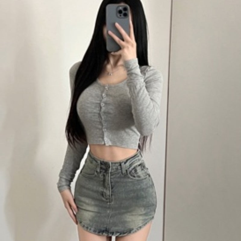 Women's Ribbed Button Front Crop Top Long Sleeve Fitted