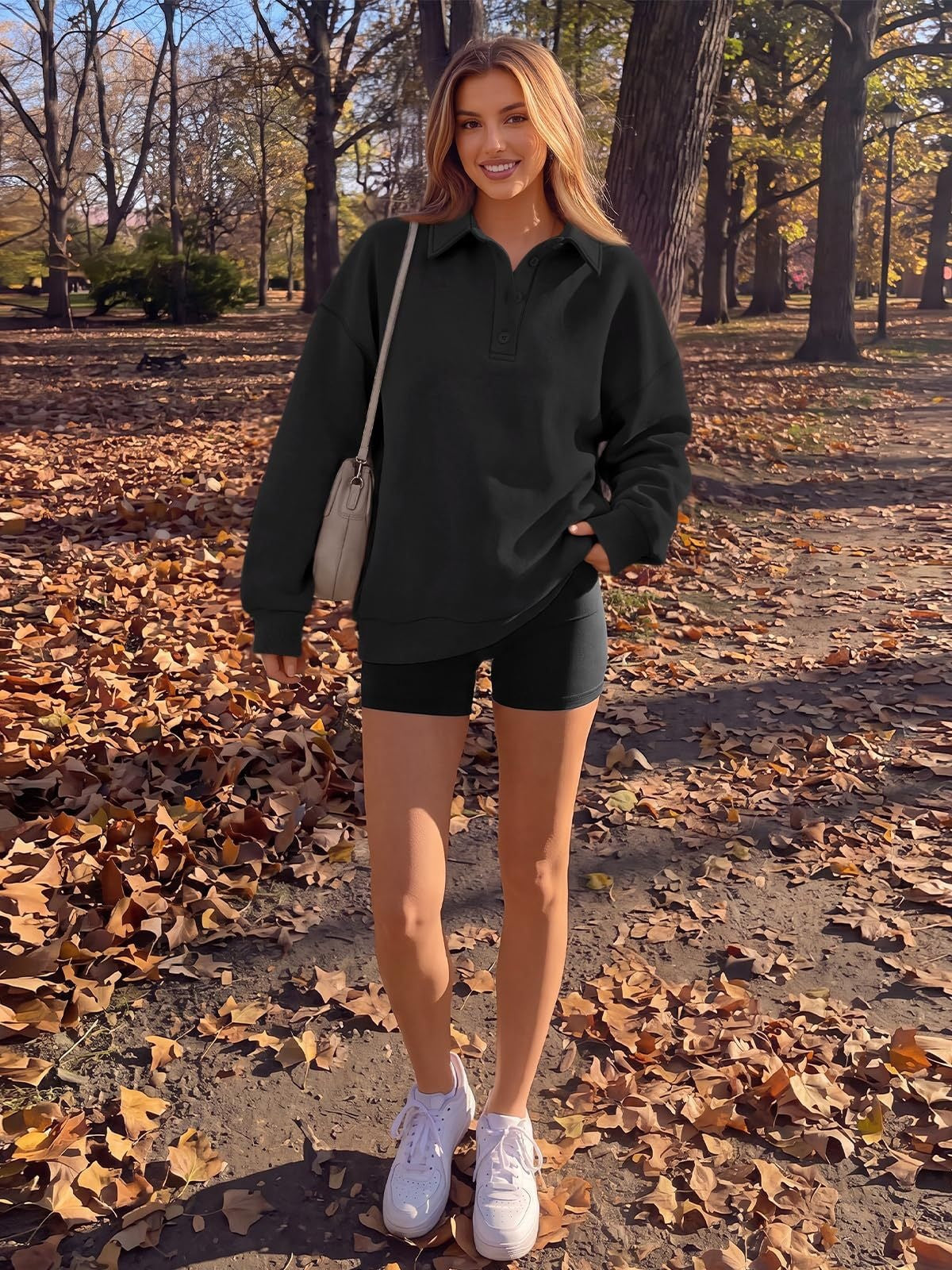 Polo Collar Fleece Pullover Relaxed Fit Sweatshirt