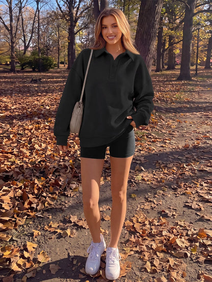 Polo Collar Fleece Pullover Relaxed Fit Sweatshirt