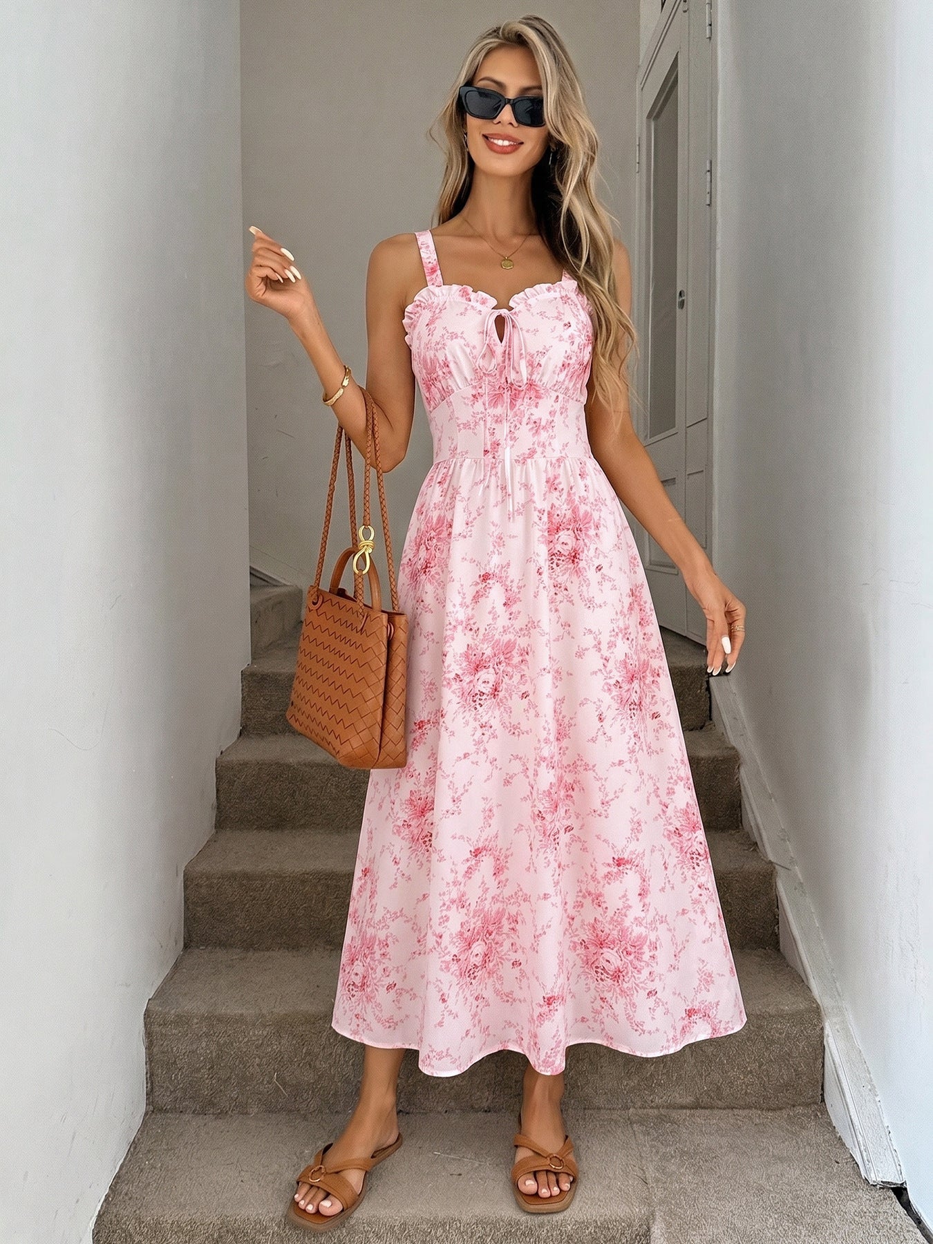 Printed Square Neck Spaghetti Strap Long Dress Elegant Fit