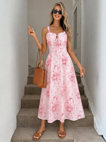 Printed Square Neck Spaghetti Strap Long Dress Elegant Fit