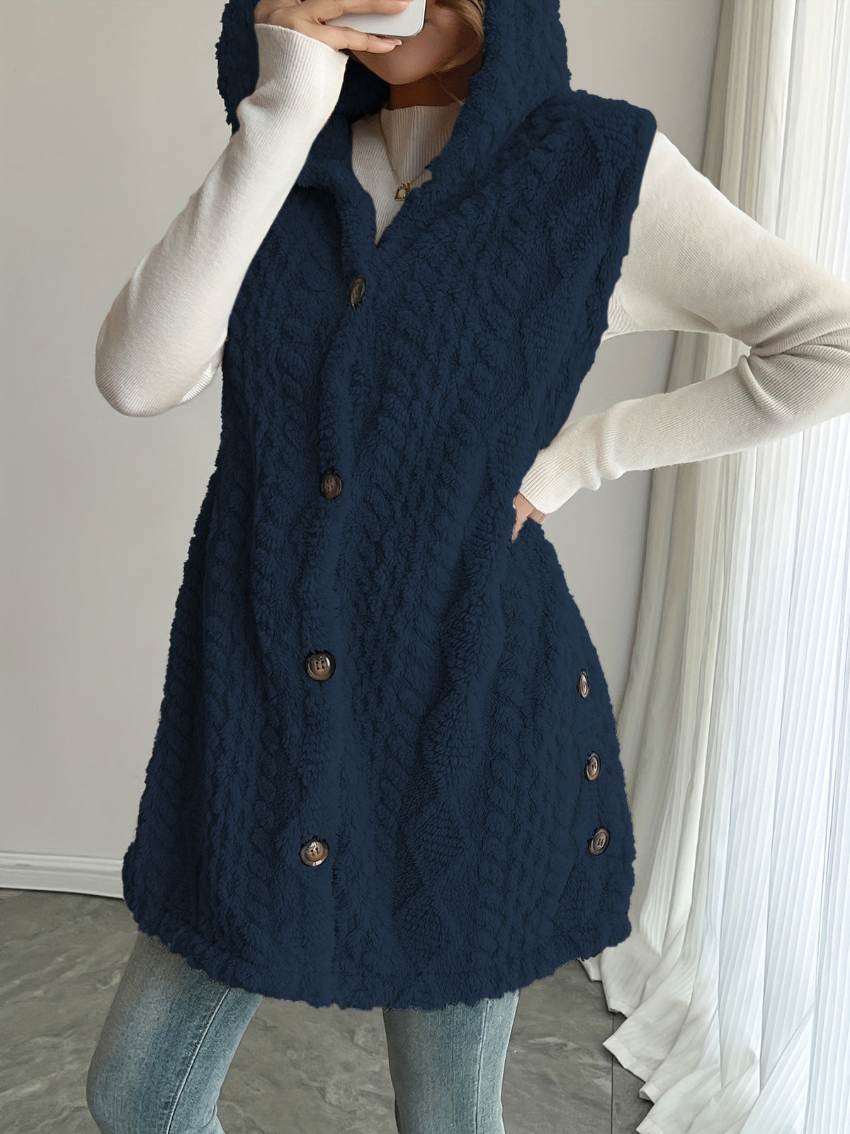 Women's Hooded Fleece Button Front Vest Cardigan