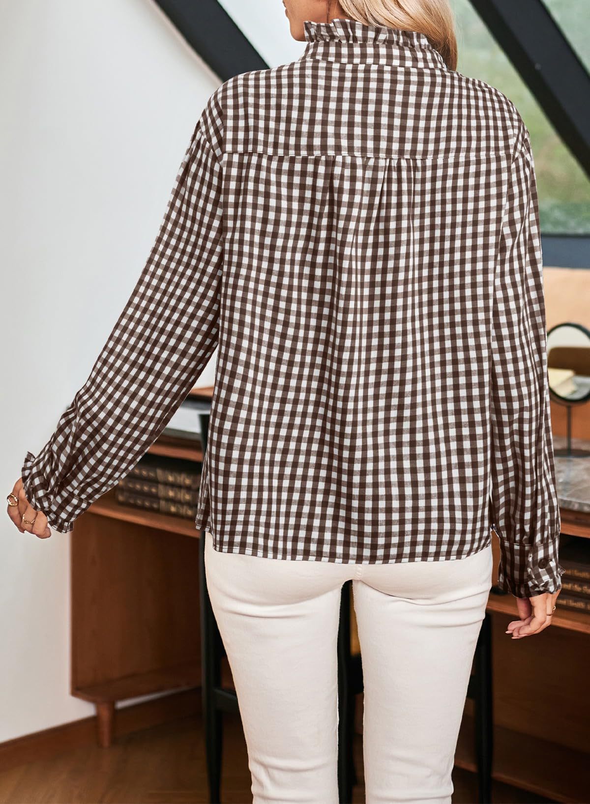Women's Gingham Ruffle V Neck Long Sleeve Blouse