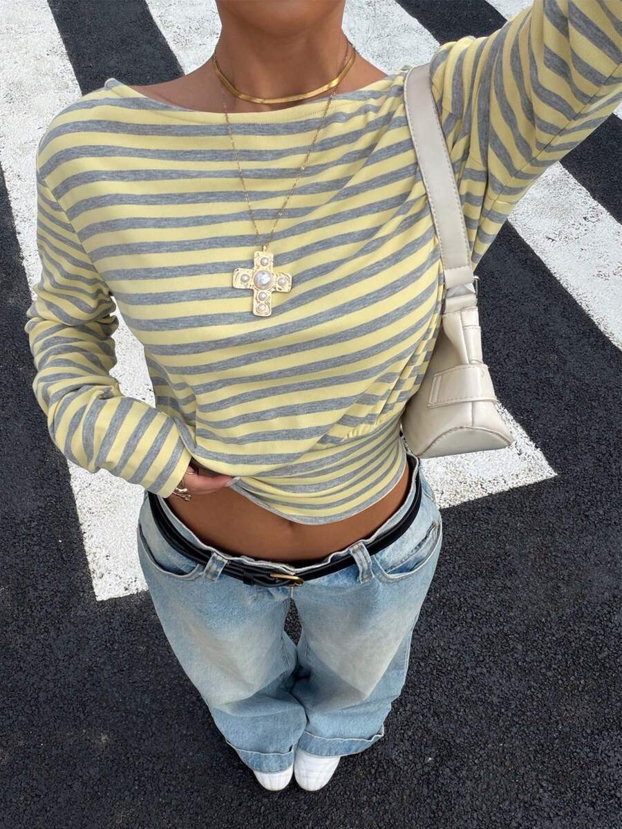Y2K Striped Ribbed Off Shoulder Long Sleeve Crop Top