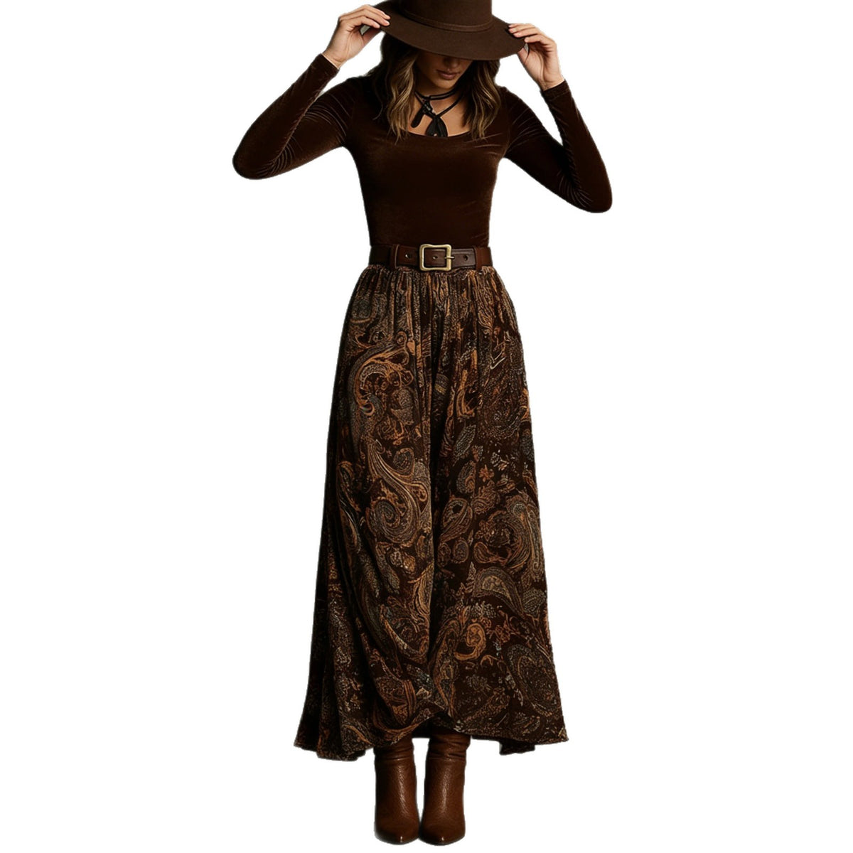 Boho Floral Maxi Skirt Two Piece Set with Belt