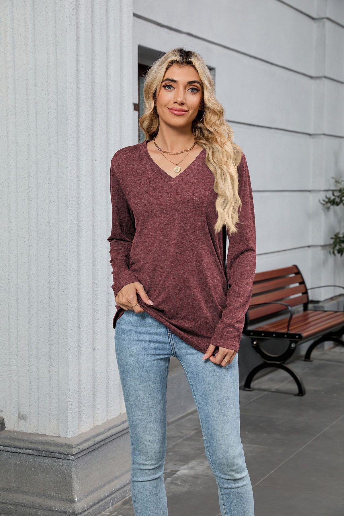 Women's V-Neck Long Sleeve Oversized Tunic Top Shirred