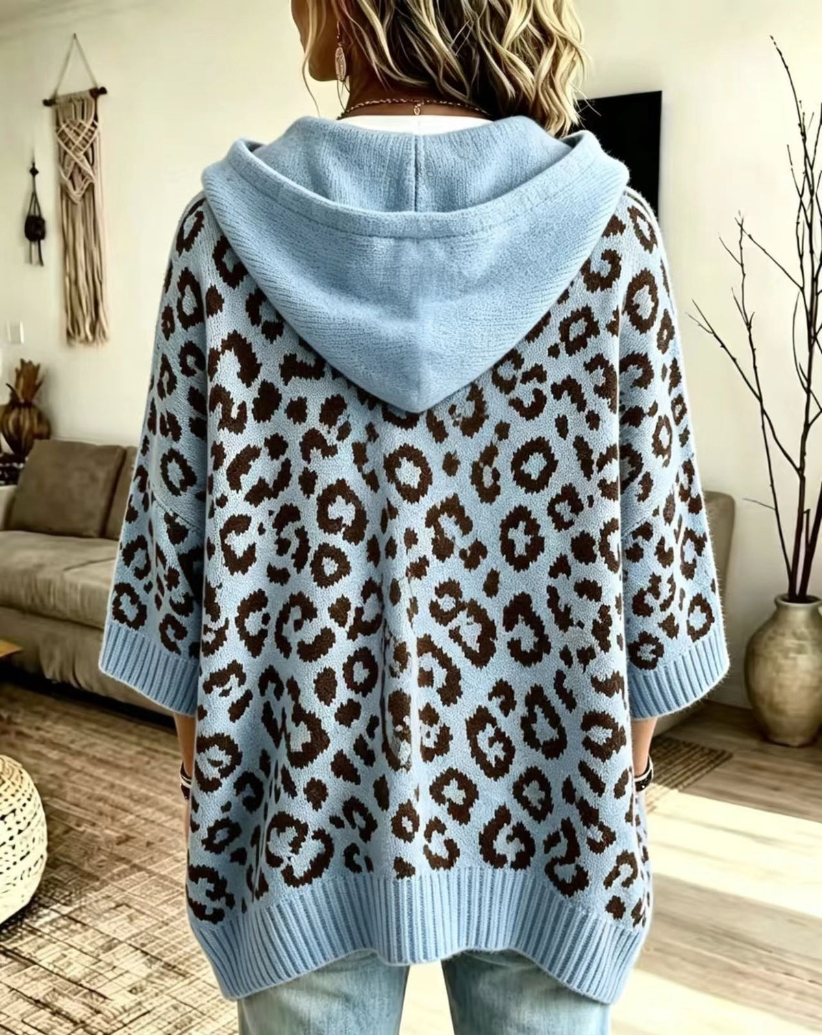 Women's Leopard Print Oversized Hooded Knit Sweater