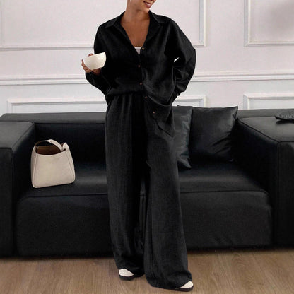 Linen Blend Button Down Shirt Wide Leg Pants Matching Set