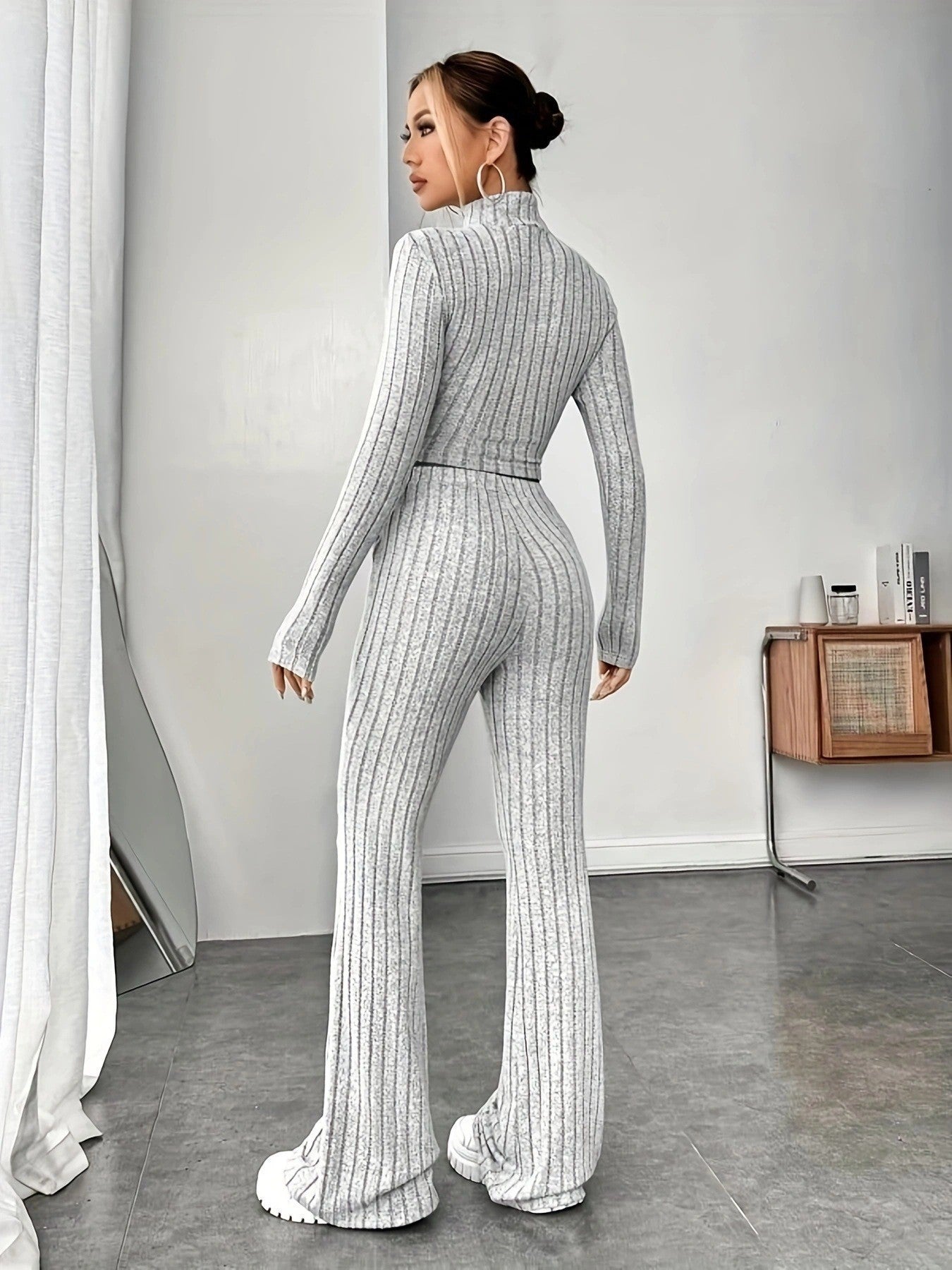 Women's Ribbed Knit Crop Top & Flare Pants Matching Set
