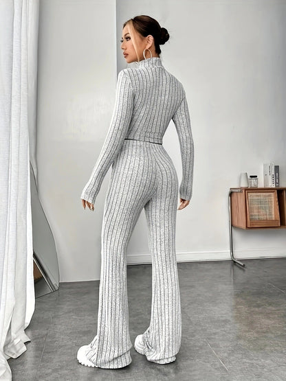 Women's Ribbed Knit Crop Top & Flare Pants Matching Set
