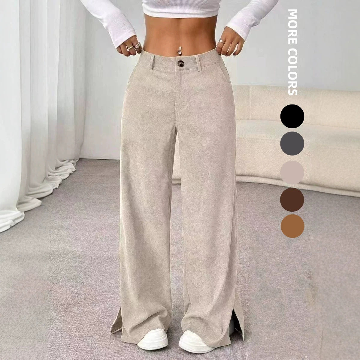 Women's Corduroy Wide Leg Pants Split Hem Casual Trousers