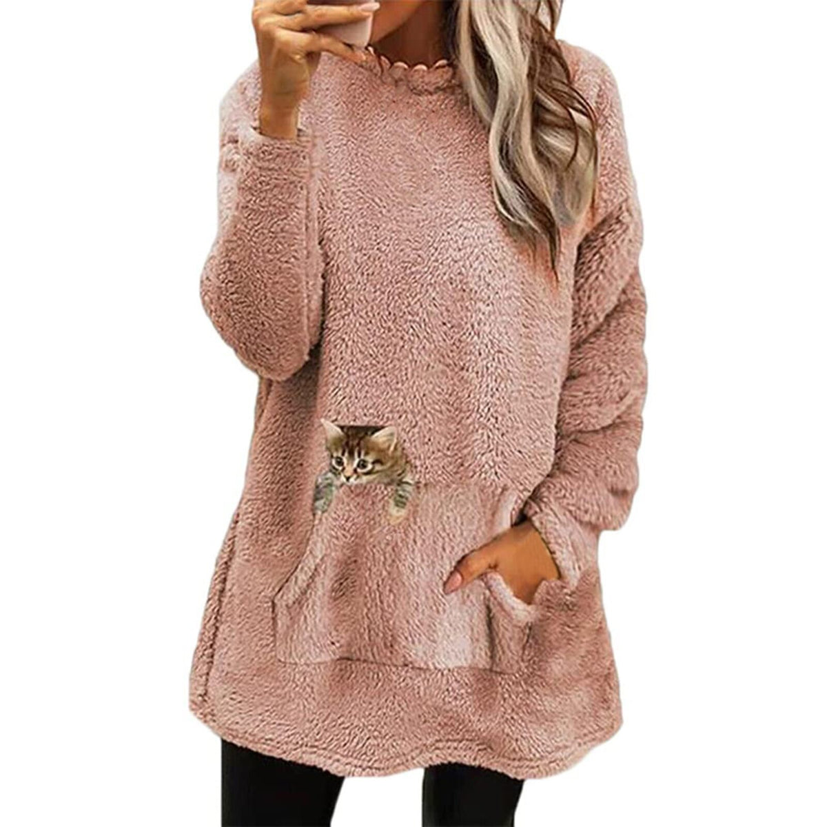 Womens Cute Cat Pocket Sherpa Fleece Pullover