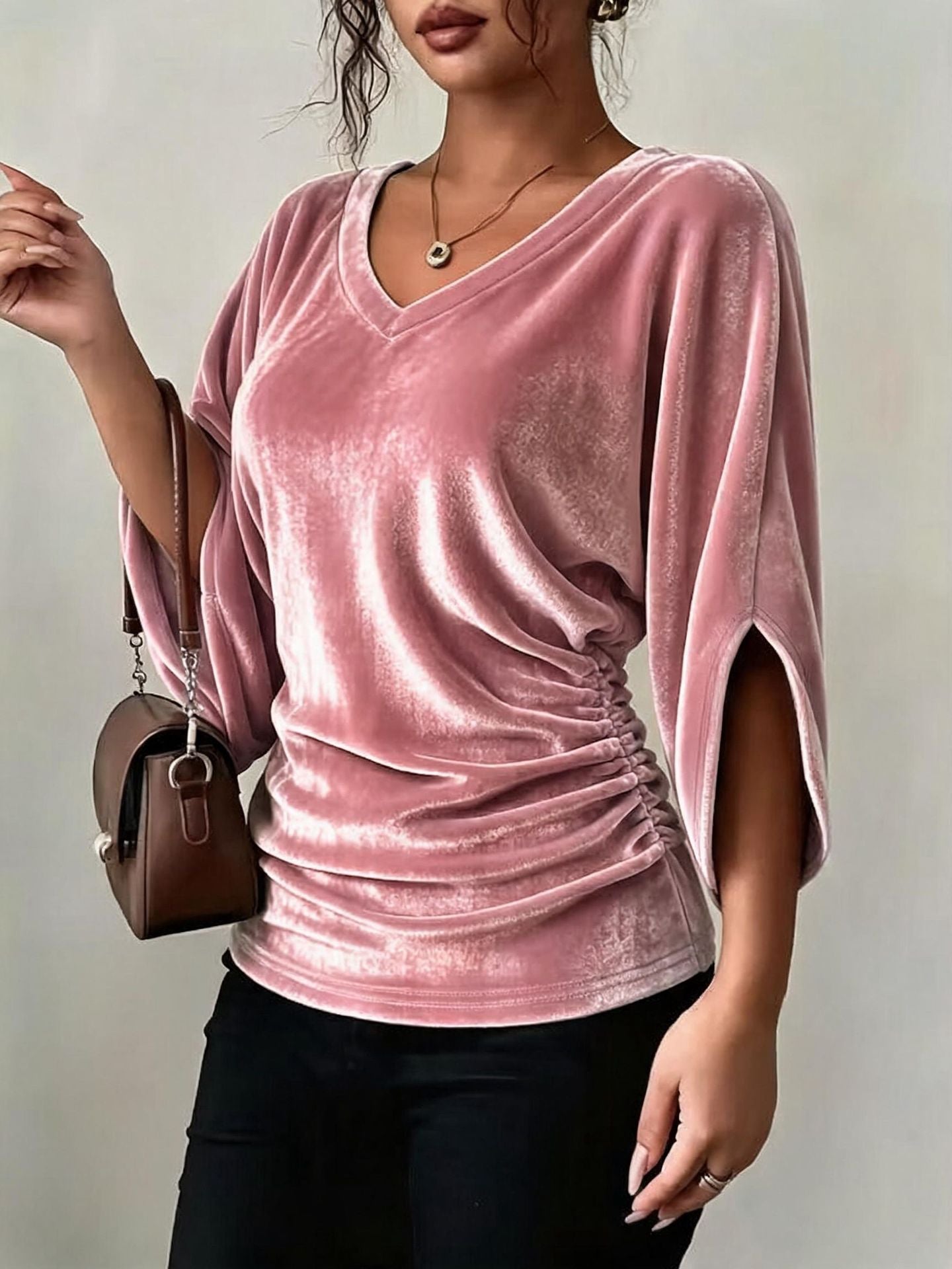 Women's Velvet V Neck Batwing 3/4 Sleeve Ruched Top