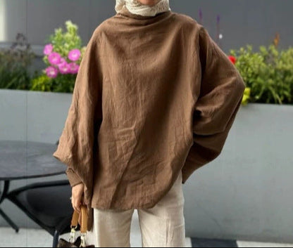Women's Oversized Linen Blend Long Sleeve Tunic Top
