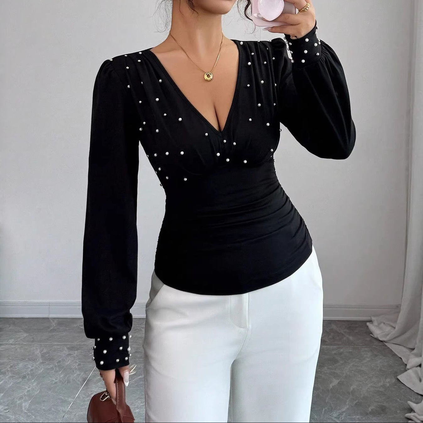 Black Pearl Studded V-Neck Long Sleeve Slim Fit Top Women