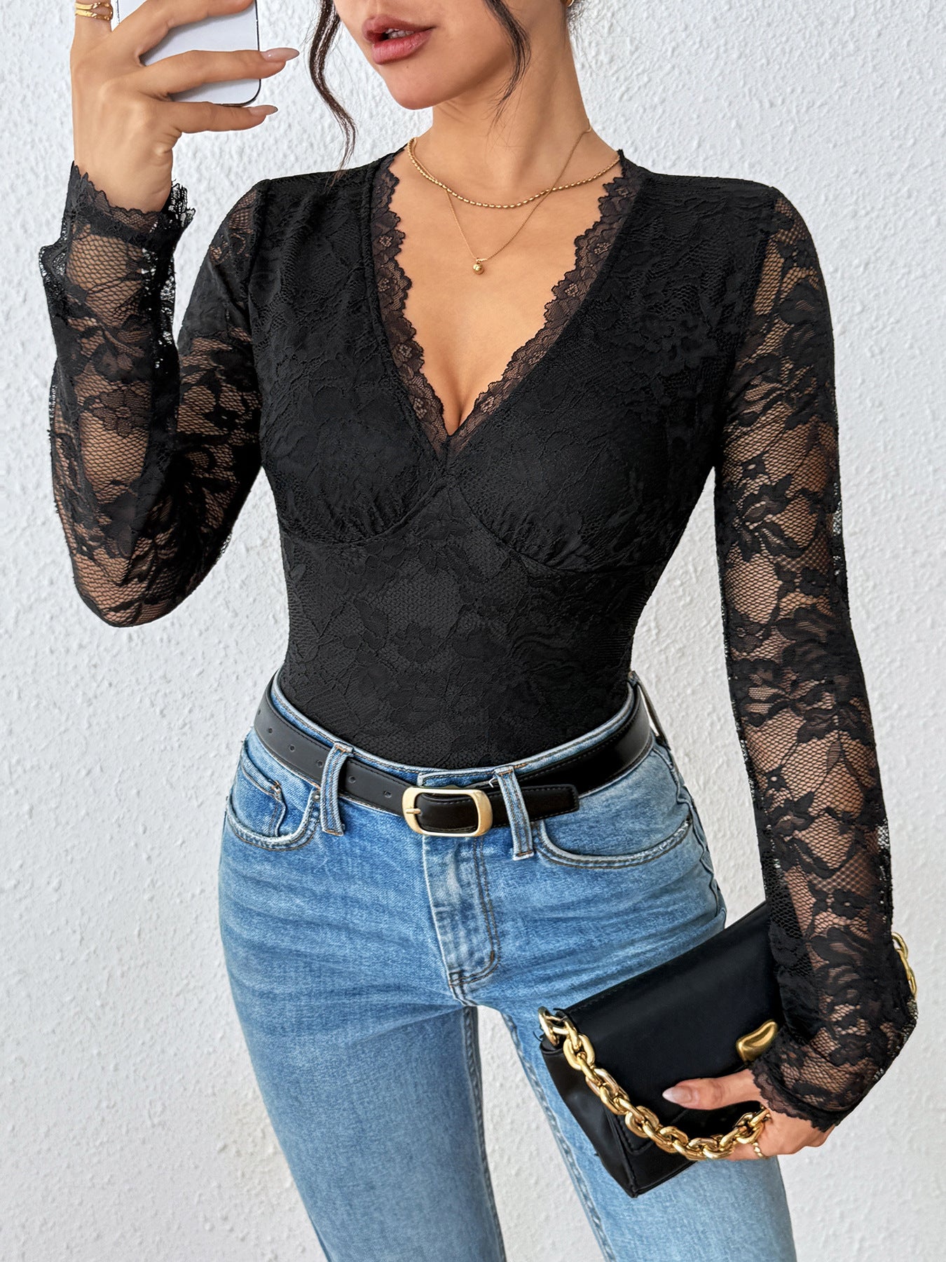 Black Lace V Neck Long Sleeve Slim Fit Bodysuit