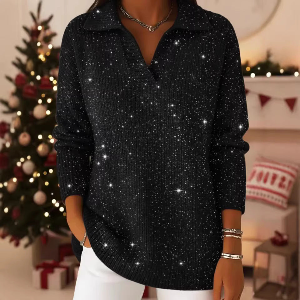 Sparkly Collared V-Neck Sweater Tunic