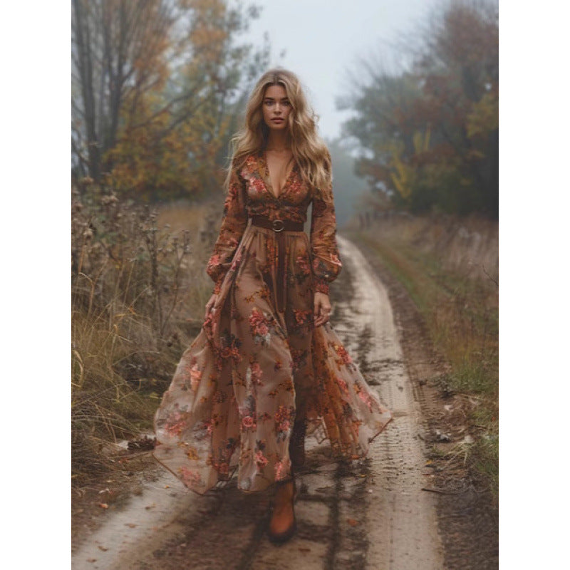 Boho Floral Long Sleeve V Neck Maxi Dress