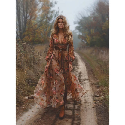 Boho Floral Long Sleeve V Neck Maxi Dress
