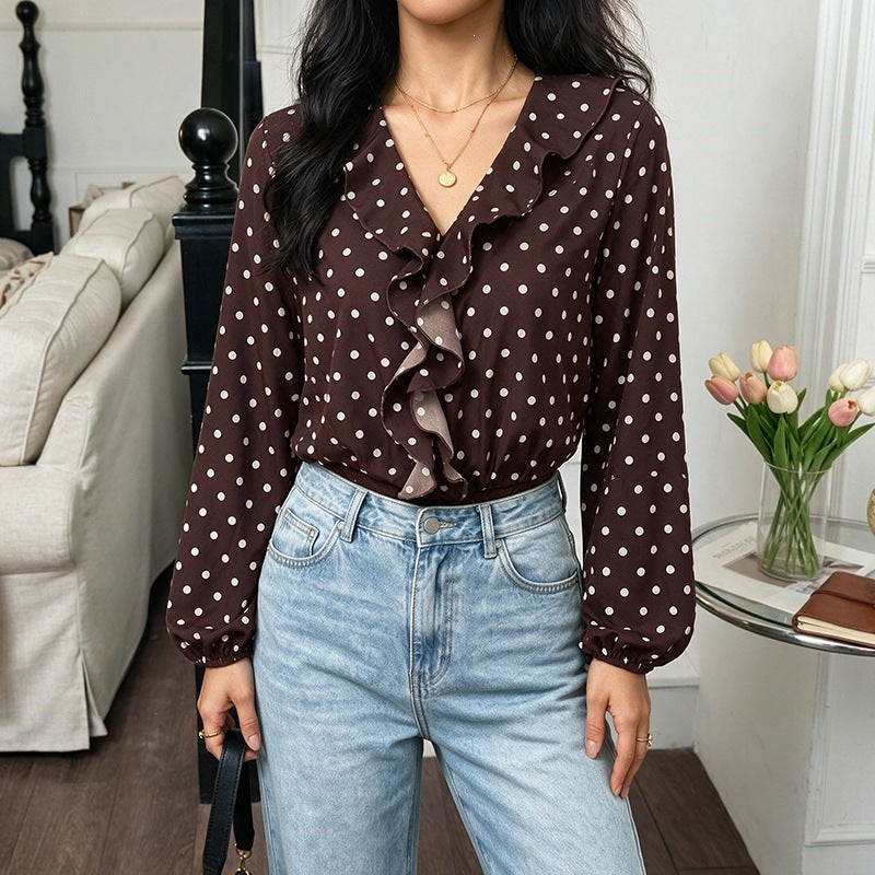 Women’s Polka Dot Ruffle V-Neck Long Sleeve Bodysuit