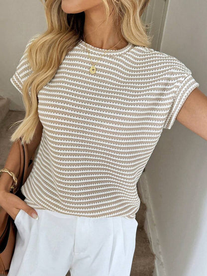Striped Knit Sweater Crew Neck Short Sleeve Top
