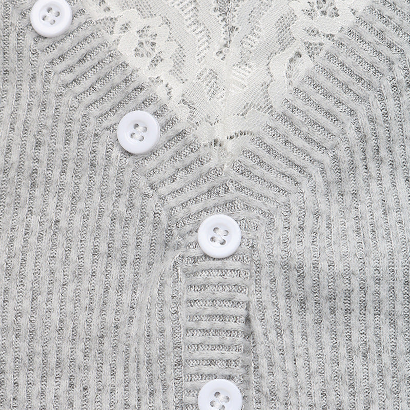 Ribbed Lace Trim Henley Long Sleeve Fitted Top