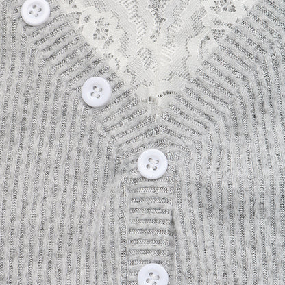 Ribbed Lace Trim Henley Long Sleeve Fitted Top