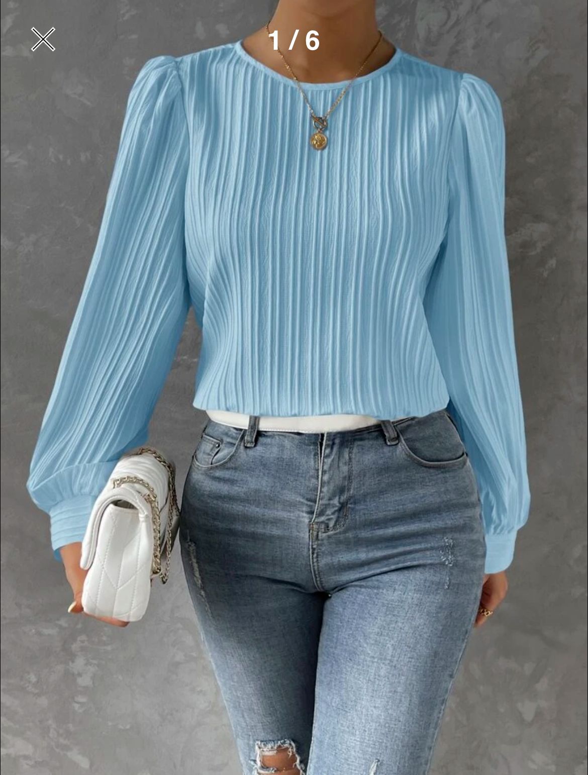 Women's Balloon Sleeve Pleated Blouse Round Neck Top