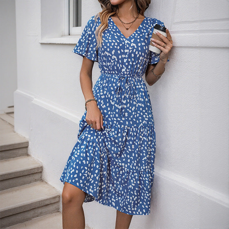 Leopard Print Tiered Midi Dress V Neck Summer Vacation Dress