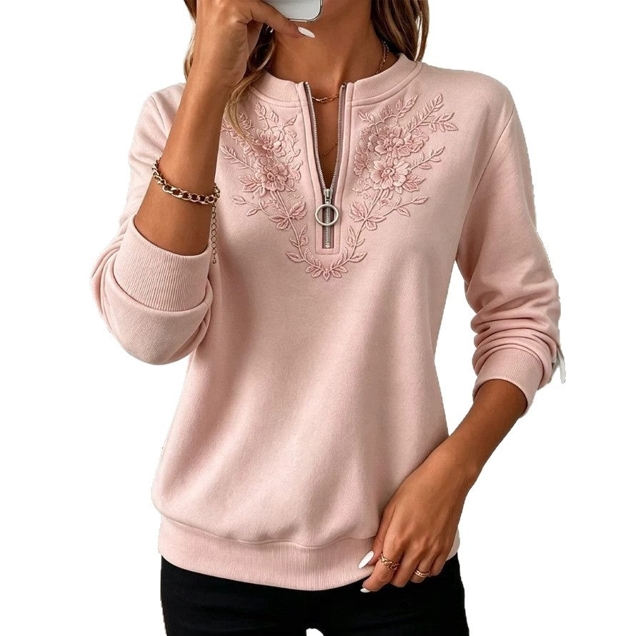 Women's Floral Embroidered Half Zip Sweatshirt Pullover