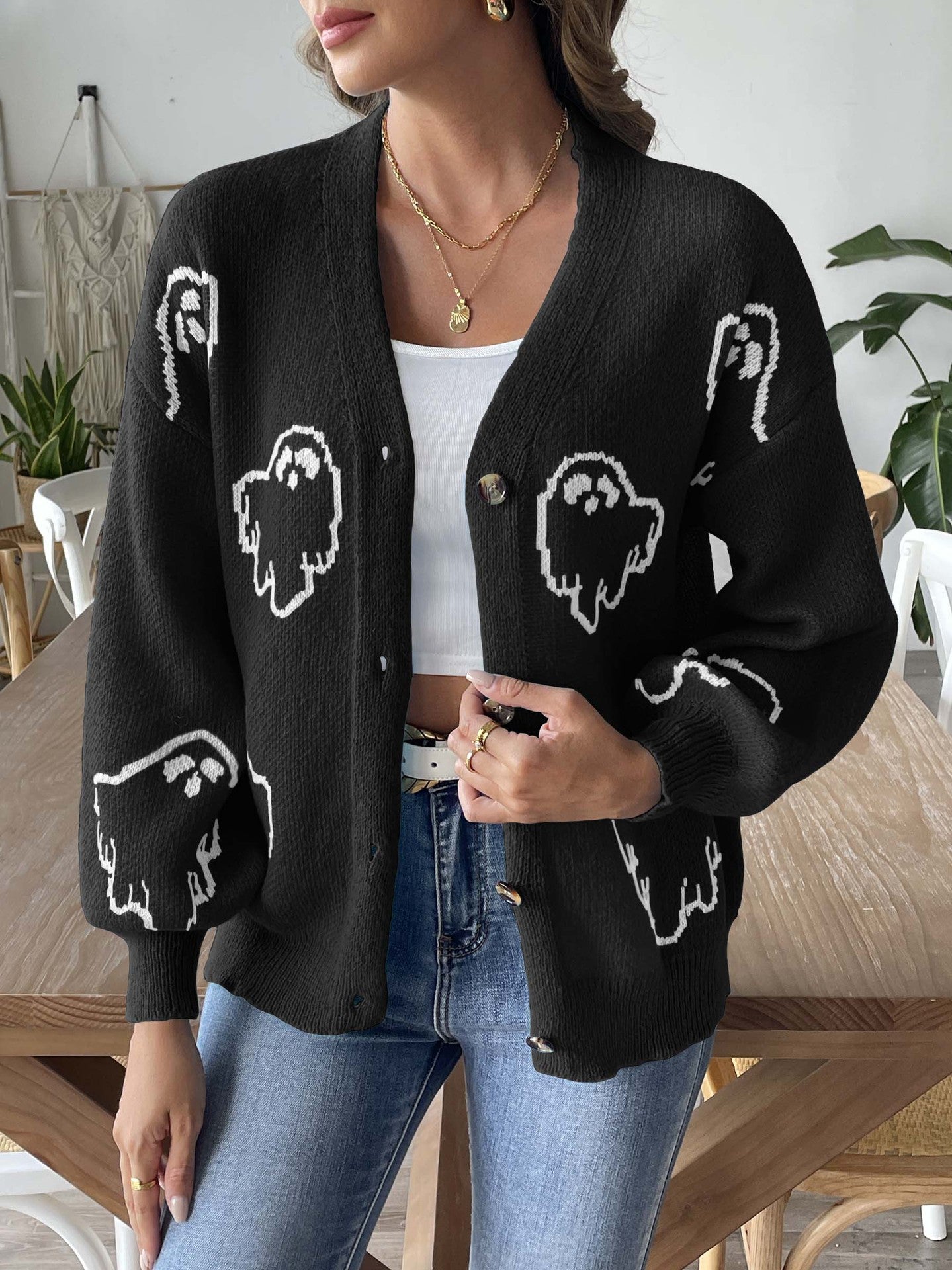 Halloween Ghost Print V-Neck Cardigan | Cozy Knit Sweater