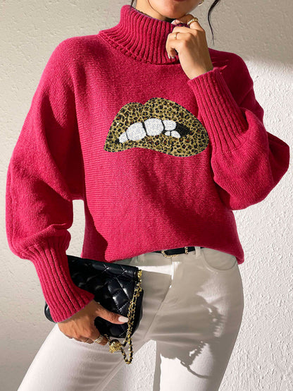 Ladies Bottom Shirt Sequin Embroidered Lip Turtleneck